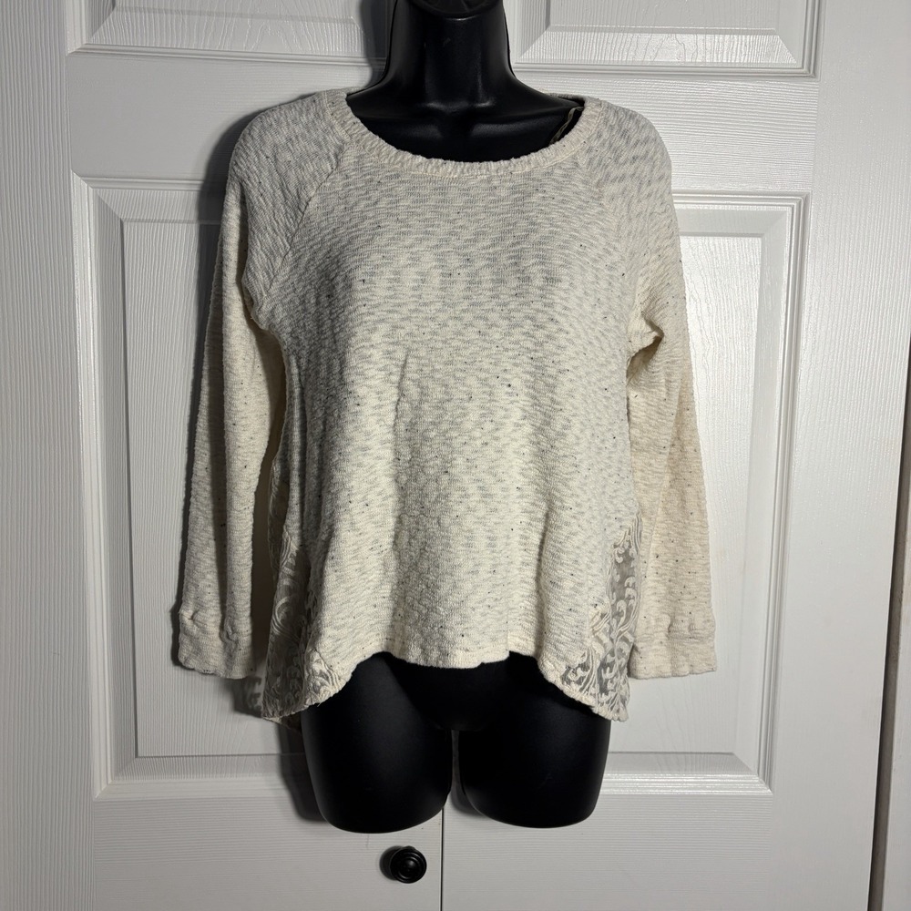 Potters Pot Lace Accent Top Women S Beige Knit Pullover Long Sleeve Hi Low Shirt